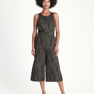 BR~new~Sleeveless Button Front Green Leopard Linen Cotton Wide Leg Jumpsuit sz 4